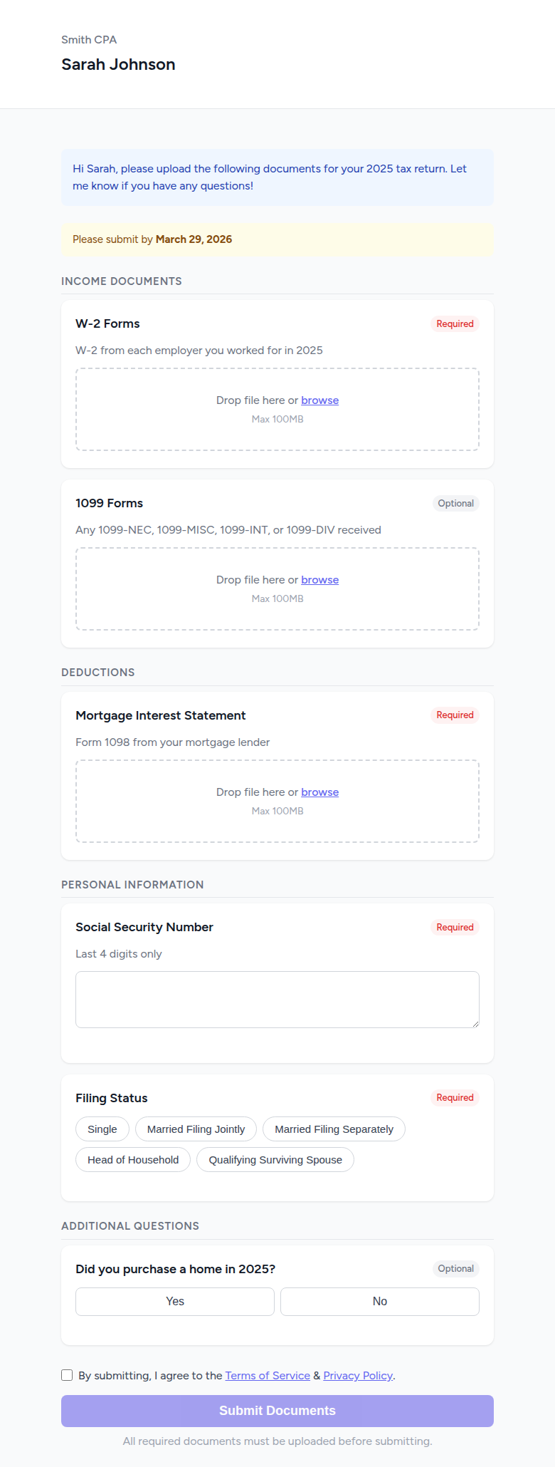 The upload portal — a simple checklist showing document uploads, form fields, and required/optional badges