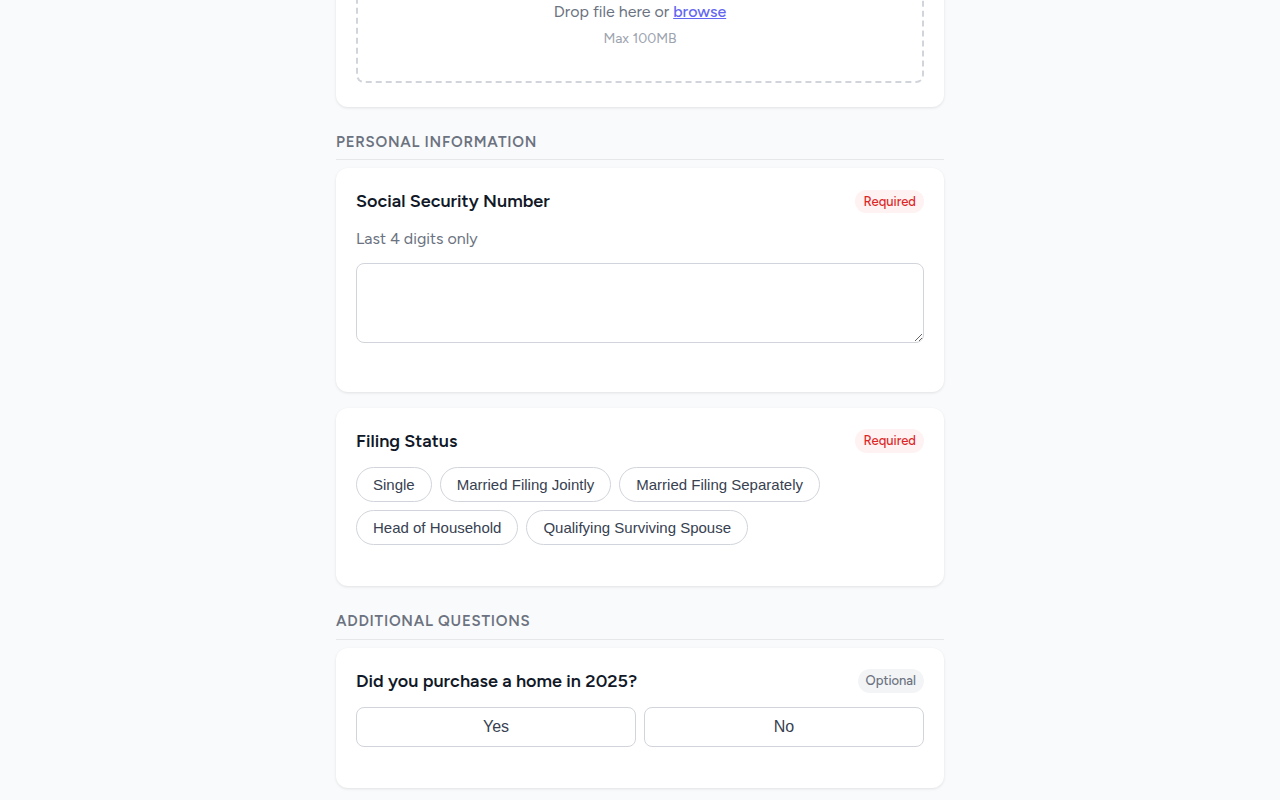 Form fields on the upload page — text input, select buttons, and a yes/no toggle