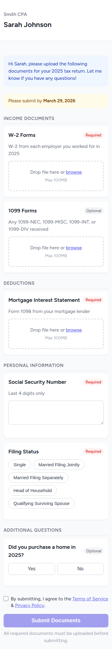 The upload portal on mobile — same checklist, optimized for phone screens